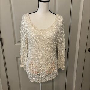 Vintage white lace beaded long sleeve blouse size L